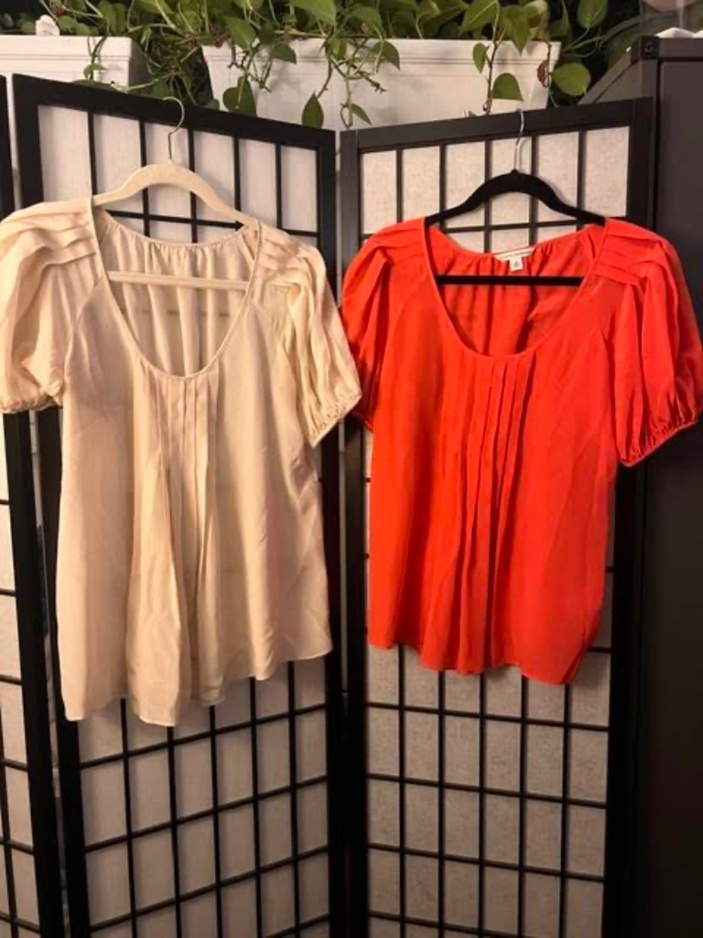 PAIR of Banana Republic 100% Silk Pleated Puff-Sleeve Scoop Neck Blouses